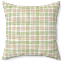 The back side of the pillow that has no text or image - just a pink, white and green plaid material that complements the plaid on the front of the pillow.