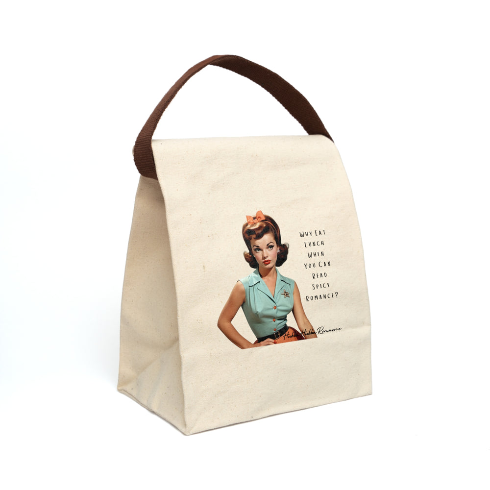 Canvas lunch bag with a retro 1950s woman in mint blouse and bow, paired with text: “Why eat lunch when you can read spicy romance?”