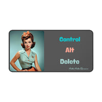 A vintage-style woman with curled auburn hair, red lipstick, and a mint green top poses against a turquoise background. She’s paired with a split-screen design where the right side reads “Control” in teal, “Alt” in coral, and “Delete” in pale blue, all capitalized and vertically stacked on a dark gray background. This is the large size.