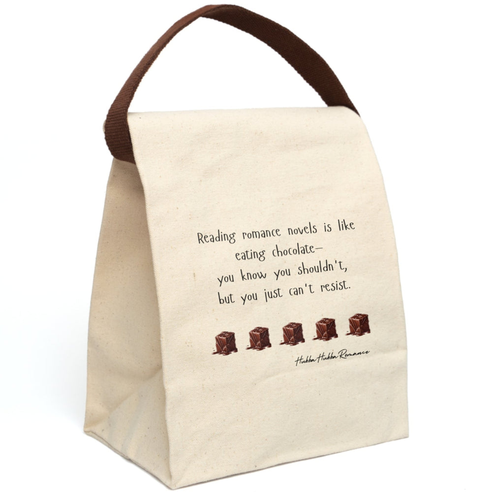 This canvas lunch bag features a plain background with playful black text that reads: “Reading romance novels is like eating chocolate—you know you shouldn’t, but you just can’t resist.” Below the quote is a row of five illustrated melting chocolate truffles, evenly spaced. The font is whimsical, and the overall design is light-hearted and sweet. The bag includes a sturdy canvas body with a roll-top closure and carry strap which is displayed upright.