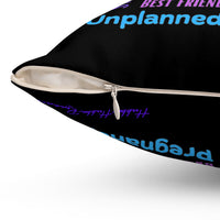 Zipper detail for square pillow with black background, colorful word cloud of romance tropes, including “Best Friend’s Dad,” “Enemies to Lovers,” “Grumpy Single Dad,” “Paranormal,” and “Billionaire Boss-hole.”