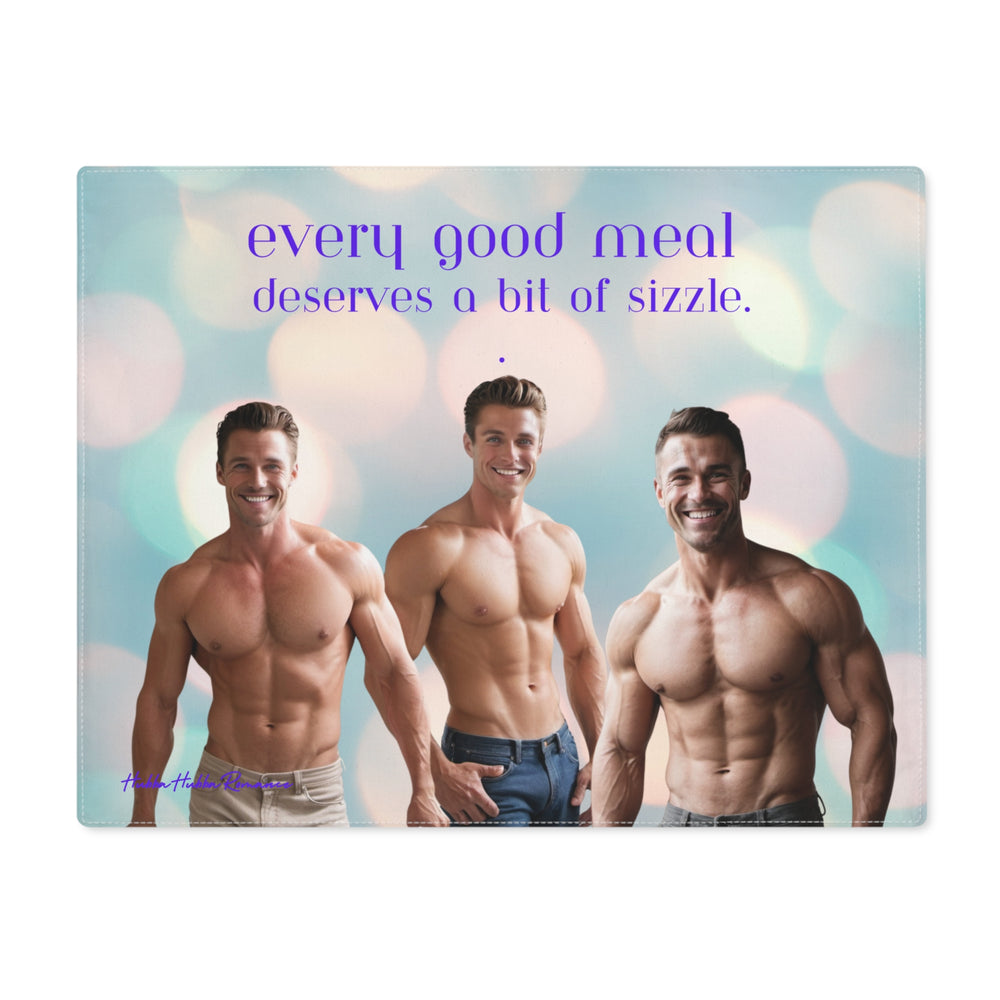 The image features three shirtless, muscular men with engaging smiles, set against a backdrop of soft bokeh lights in pastel hues. From left to right, the first man wears light khaki pants, the second sports dark jeans and the third is clad in grey sweatpants. Above them, in bold purple text, reads, "Every good meal deserves a bit of sizzle." The image combines attractive visuals with a playful caption, appealing to those who appreciate a touch of humor and charm.