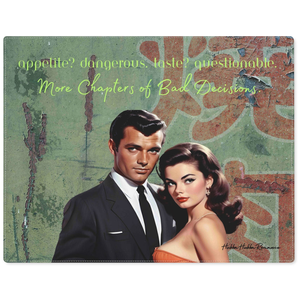 A retro illustration of a man and woman with yellowish-green text stating "Appetite.Dangerous.Taste. Questionable. More Chapters Of Bad Decisions." above them. The background is distressed with a muted olive-green background and red Japanese inspired symbols, giving it a mid-century, vintage vibe. The couple stands confidently together, exuding classic charm and allure in a mysterious setting.

