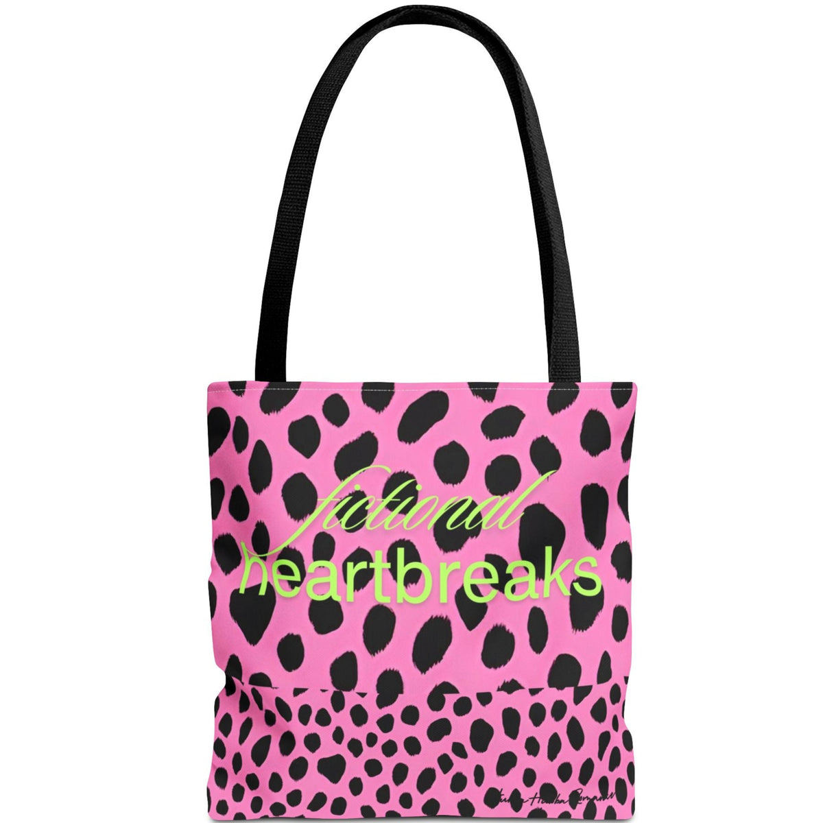 Image shows a pink background with bold, irregular black leopard spots. On one half of the image, the words “fictional heartbreaks” are written in light green cursive and block letters. Flipped upside down on the other half is the word “HEA” in matching green, also in mirrored script and block lettering. The design is playful and reversible, representing the highs and lows of romance reading. This double-sided tote is perfect for book lovers navigating love, loss, and happy endings.