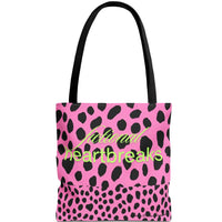 Image shows a pink background with bold, irregular black leopard spots. On one half of the image, the words “fictional heartbreaks” are written in light green cursive and block letters. Flipped upside down on the other half is the word “HEA” in matching green, also in mirrored script and block lettering. The design is playful and reversible, representing the highs and lows of romance reading. This double-sided tote is perfect for book lovers navigating love, loss, and happy endings.