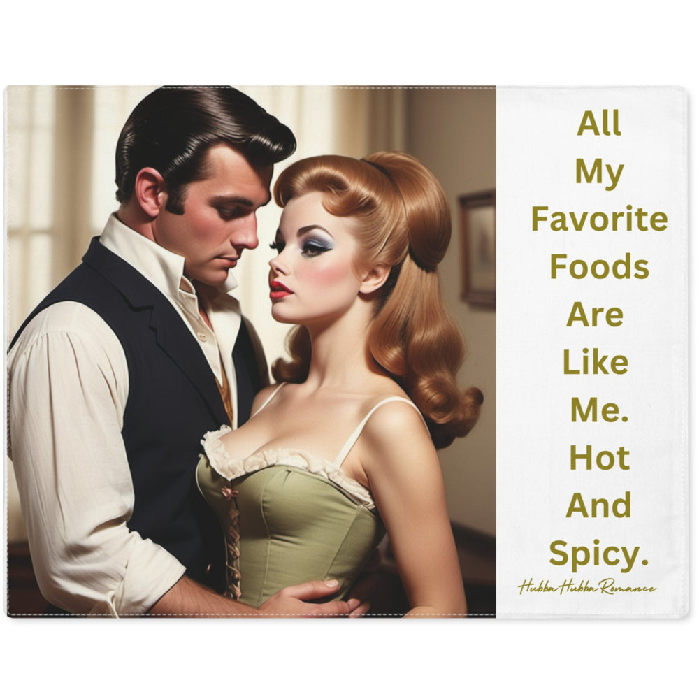 The image depicts a vintage-inspired illustration of a couple in a romantic pose. The man, with slicked-back dark hair and wearing a white shirt with a black vest, tenderly gazes at the woman, who has styled blonde hair and a pale green corset dress. They stand closely in an elegant room with soft lighting. Text on the image reads: "All My Favorite Foods Are Like Me. Hot And Spicy."