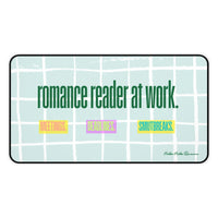 A mint green and white grid background with bold green text that reads “romance reader at work:”. Below are three colored blocks labeled “MEETINGS.” (yellow/pink), “DEADLINES.” (purple/yellow), and “SMUTBREAKS.” (blue/yellow). This is the medium size.