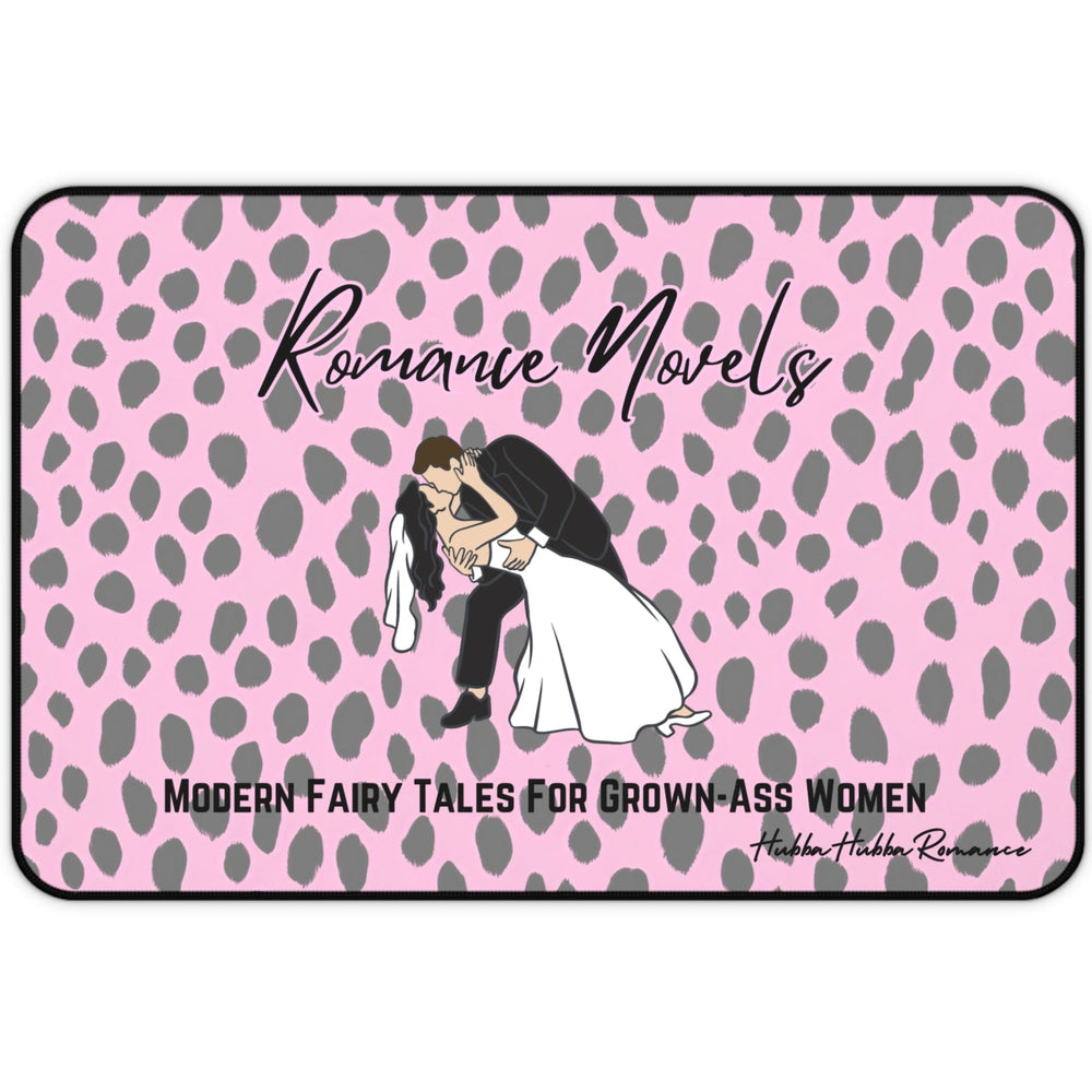 A pink and gray leopard print background features a cartoon bride and groom in a dramatic dip-and-kiss pose. Above them, black script reads “Romance Novels.” Below, bold black all-caps text says “Modern Fairy Tales for Grown-Ass Women.” This is the small size.