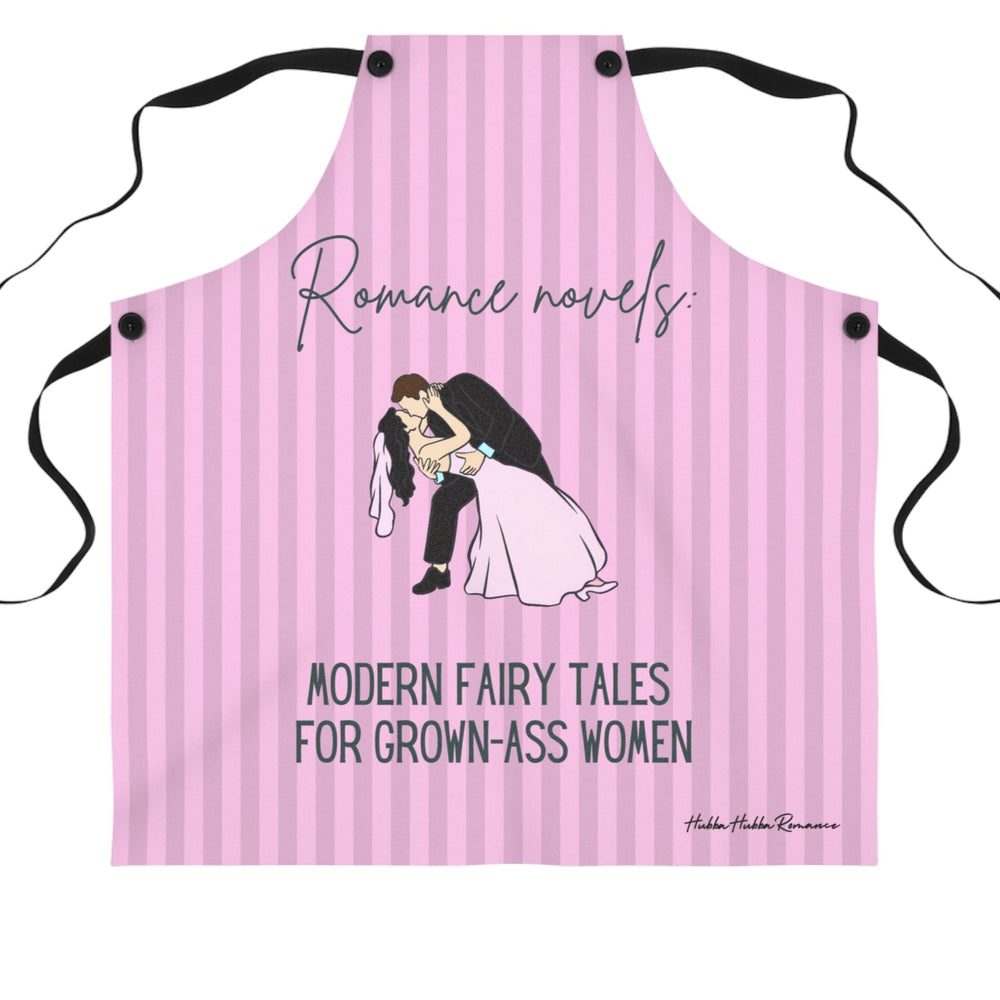 A pink striped apron with black straps and which features the phrase "Romance novels:" in elegant script, followed by "Modern fairy tales for grown-ass women" in bold lettering. Below the text, there is an illustration of a bride and groom in a dramatic dip, with the groom kissing the bride.

