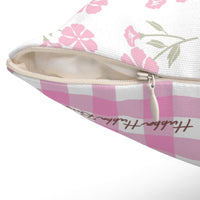 This image shows the pillow's hidden zipper as well as how the front and back patterns complement each other.