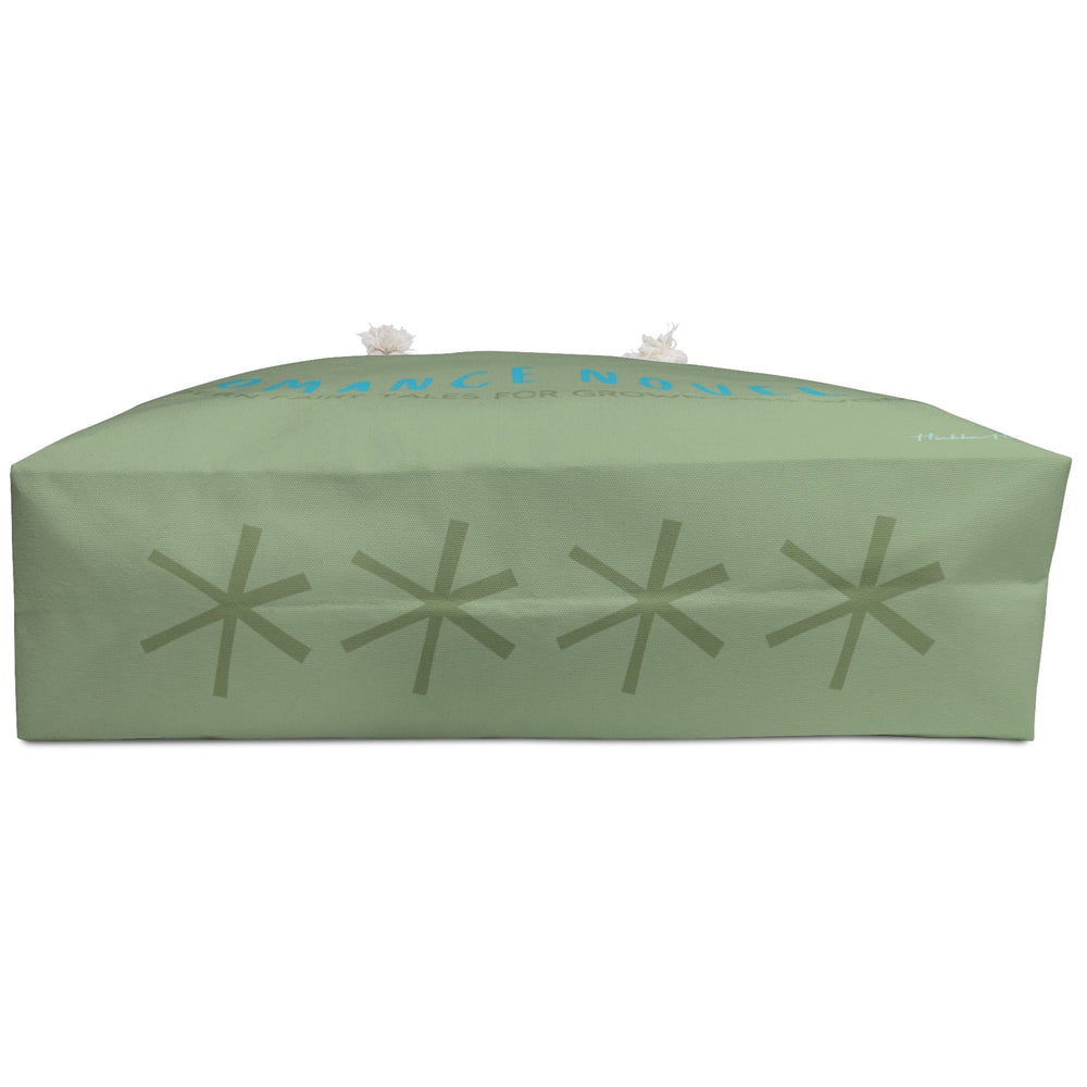Bottom of bag with 4 large asterisk graphics in teal blue.