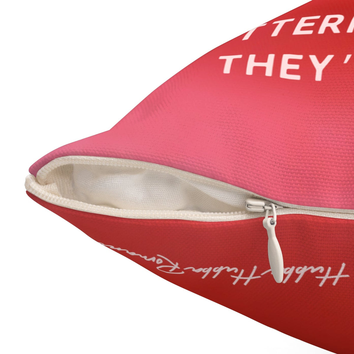 This image shows the pillow's hidden zipper.  It also shows how the front and back patterns complement each other.