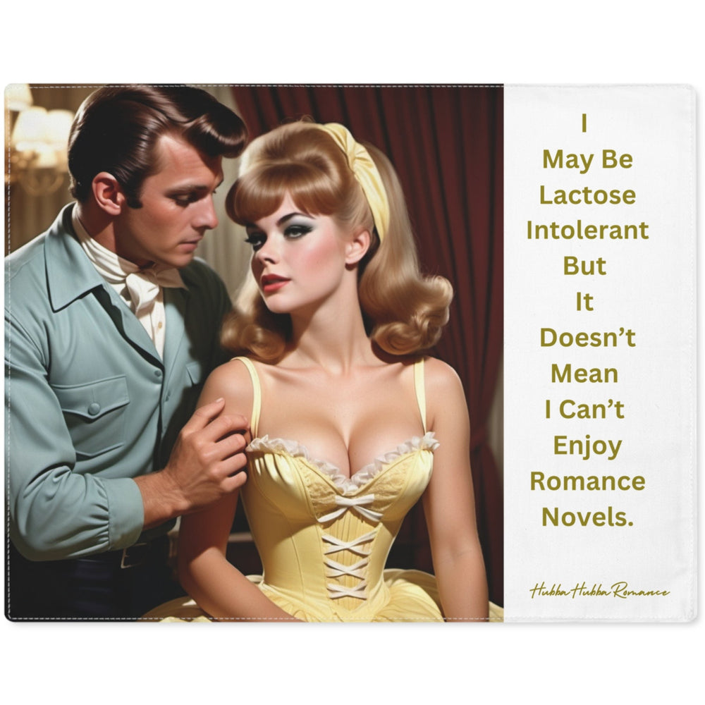 The image is a stylized illustration reminiscent of classic mid-20th-century romantic scenes. It features a man and a woman in an intimate pose. The man, dressed in a light green suit, gazes at the woman with a serious expression. The woman, sporting a glamorous updo and wearing a yellow corset-style dress, looks away coyly. The background suggests a luxurious vintage interior. A humorous caption above reads: "I May Be Lactose Intolerant, But It Doesn’t Mean I Can’t Enjoy Romance Novels." 