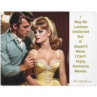 The image is a stylized illustration reminiscent of classic mid-20th-century romantic scenes. It features a man and a woman in an intimate pose. The man, dressed in a light green suit, gazes at the woman with a serious expression. The woman, sporting a glamorous updo and wearing a yellow corset-style dress, looks away coyly. The background suggests a luxurious vintage interior. A humorous caption above reads: "I May Be Lactose Intolerant, But It Doesn’t Mean I Can’t Enjoy Romance Novels." 