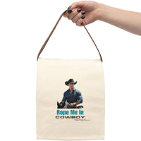 The lunch bag is displayed as if held by a person, with only the hand and arm visible.
