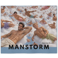 The Manstorm sweatshirt blanket design features a sky filled with dozens of attractive, muscular men floating among soft white clouds. Two larger book-boyfriend figures dominate the foreground while smaller figures drift throughout the background. The artwork uses pastel blues, whites, and soft skin tones to create a playful parody of romance novel fantasy imagery. The word "Manstorm" appears across the bottom of the design.