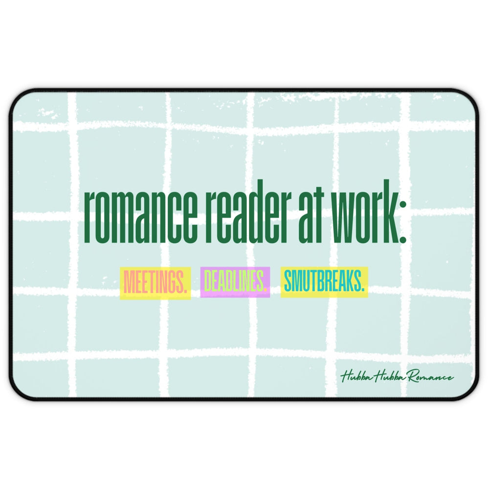 A mint green and white grid background with bold green text that reads “romance reader at work:”. Below are three colored blocks labeled “MEETINGS.” (yellow/pink), “DEADLINES.” (purple/yellow), and “SMUTBREAKS.” (blue/yellow). This is the small size.