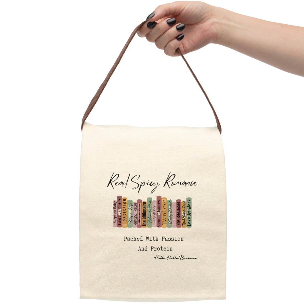 The lunch bag is displayed as if held by a person, with only the hand and arm visible.
