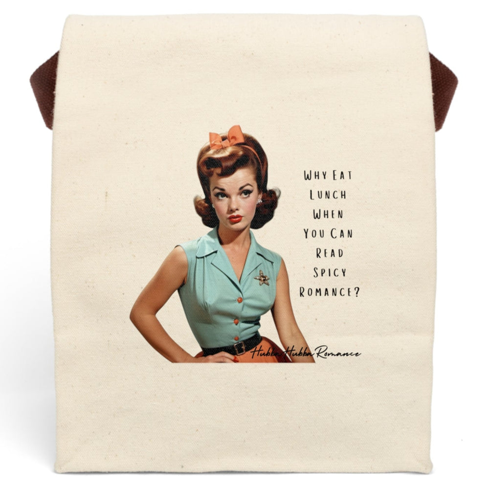 Canvas lunch bag with a retro 1950s woman in mint blouse and bow, paired with text: “Why eat lunch when you can read spicy romance?”