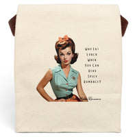Canvas lunch bag with a retro 1950s woman in mint blouse and bow, paired with text: “Why eat lunch when you can read spicy romance?”