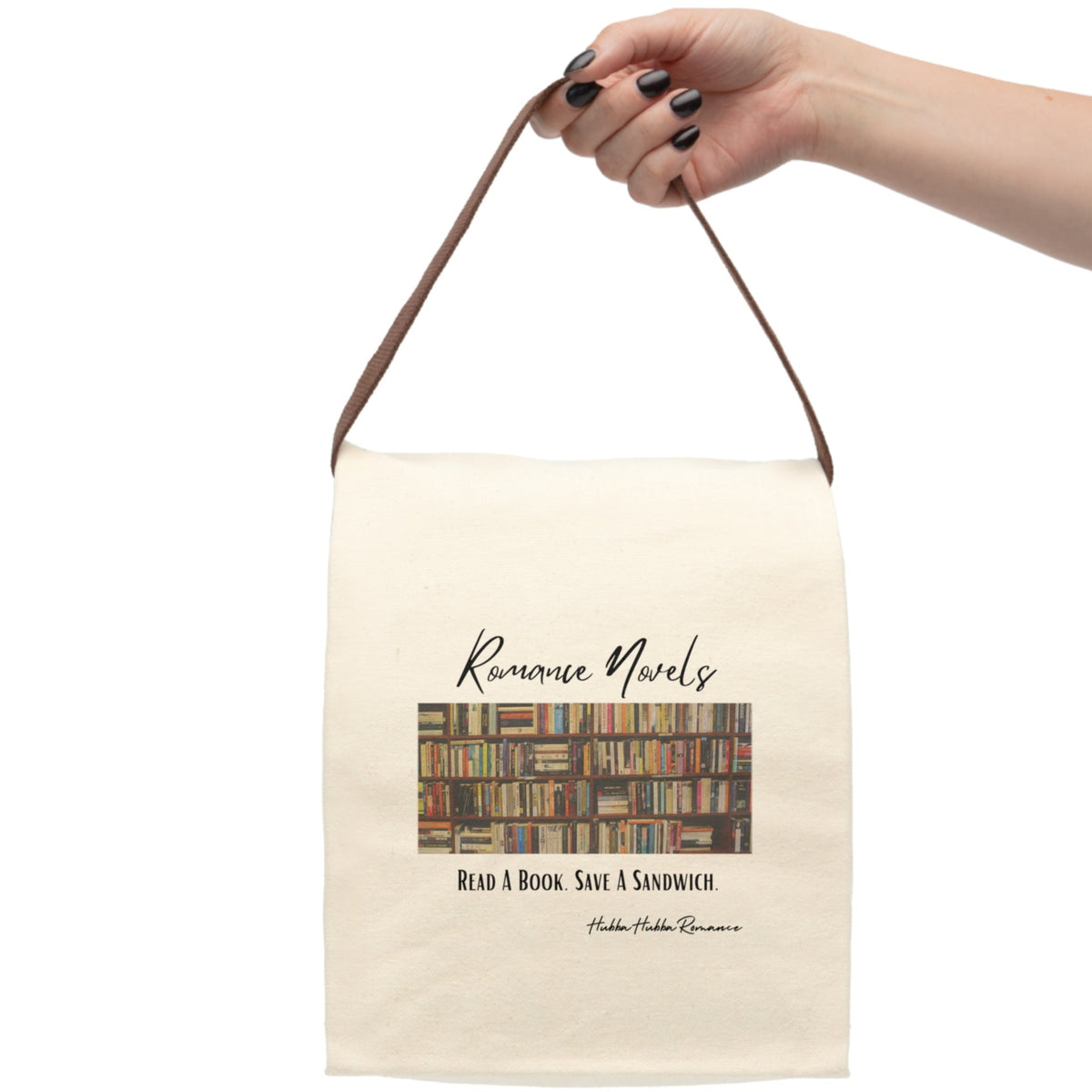 The lunch bag is displayed as if held by a person, with only the hand and arm visible.

