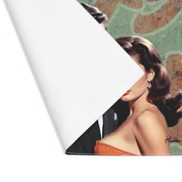 Stylized placement with vintage illustration featuring a confident mid-century couple posed in front of a cracked green wall with distressed red lettering. Only the woman is visible,  wearing a strapless rust-colored dress with classic Hollywood waves. The placemat is folded over at an angle to show that the back is plain.