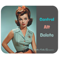 Image of a 1950s era woman wearing a sleeveless green blouse and an orange skirt. Her hands are on her hips. She has a big orange bow in her hair. The background behind her is blue-green. On the other half of the image is a gray background with the words Control, Alt, and Delete stacked on top of each in different colored fonts.