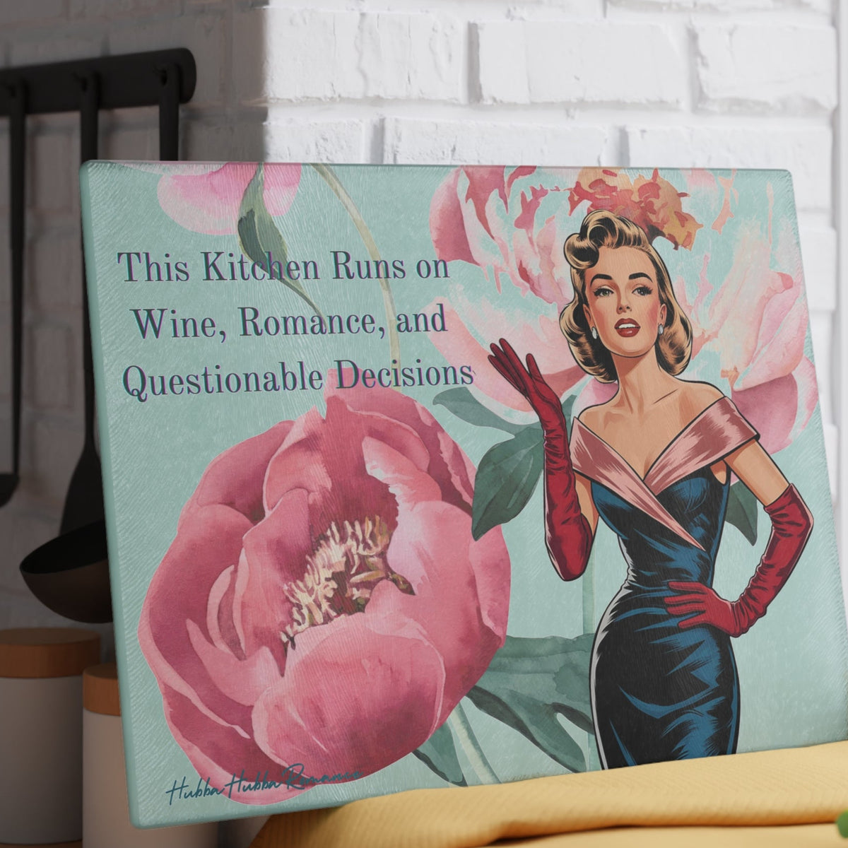 The cutting board is beautiful enough tobe displayed upright in the kitchen as decor. The cutting board is shown placed against a white brick wall.