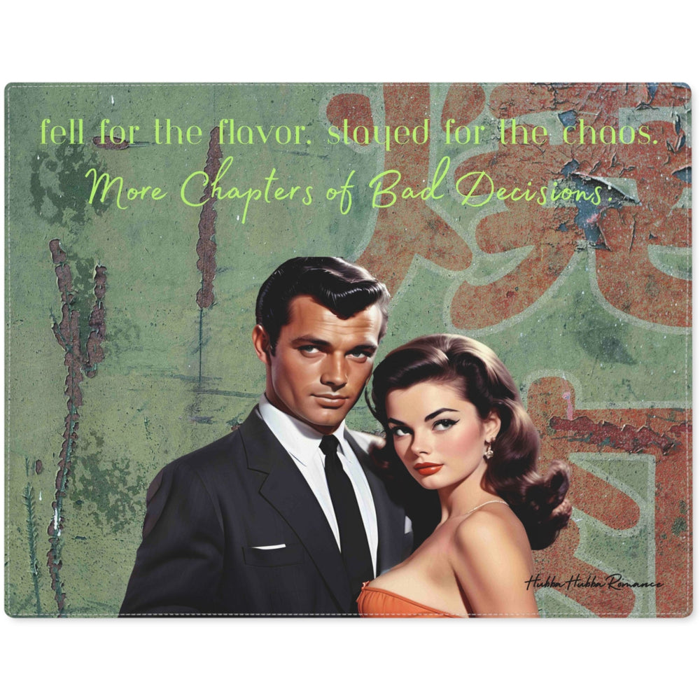 A retro illustration of a man and woman with yellowish-green text stating "Fell For The Flavor. Stayed For The Chaos. More Chapters Of Bad Decisions." above them. The background is distressed with a muted olive green background and red Japanese inspired symbols, giving it a mid-century, vintage vibe. The couple stands confidently together, exuding classic charm and allure in a mysterious setting.