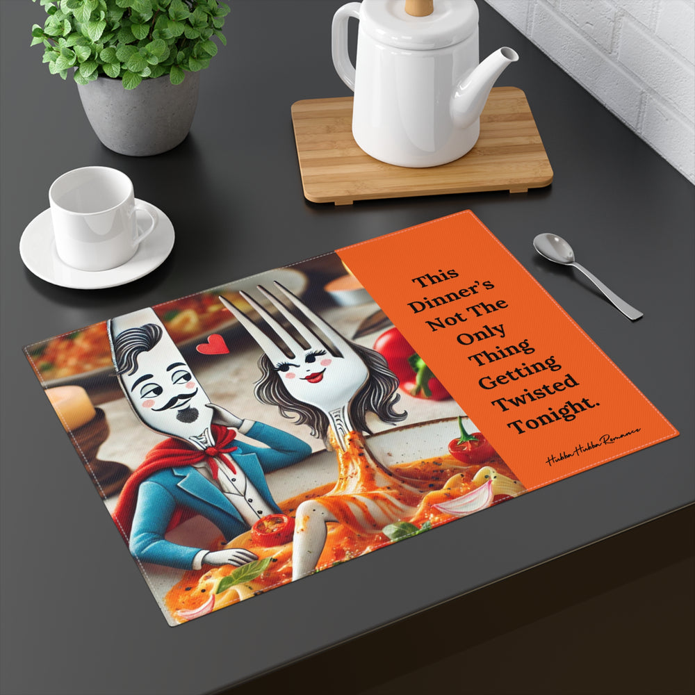 The placemat is displayed on a table with a cup and saucer, a teapot, a plant, and a spoon for context.

