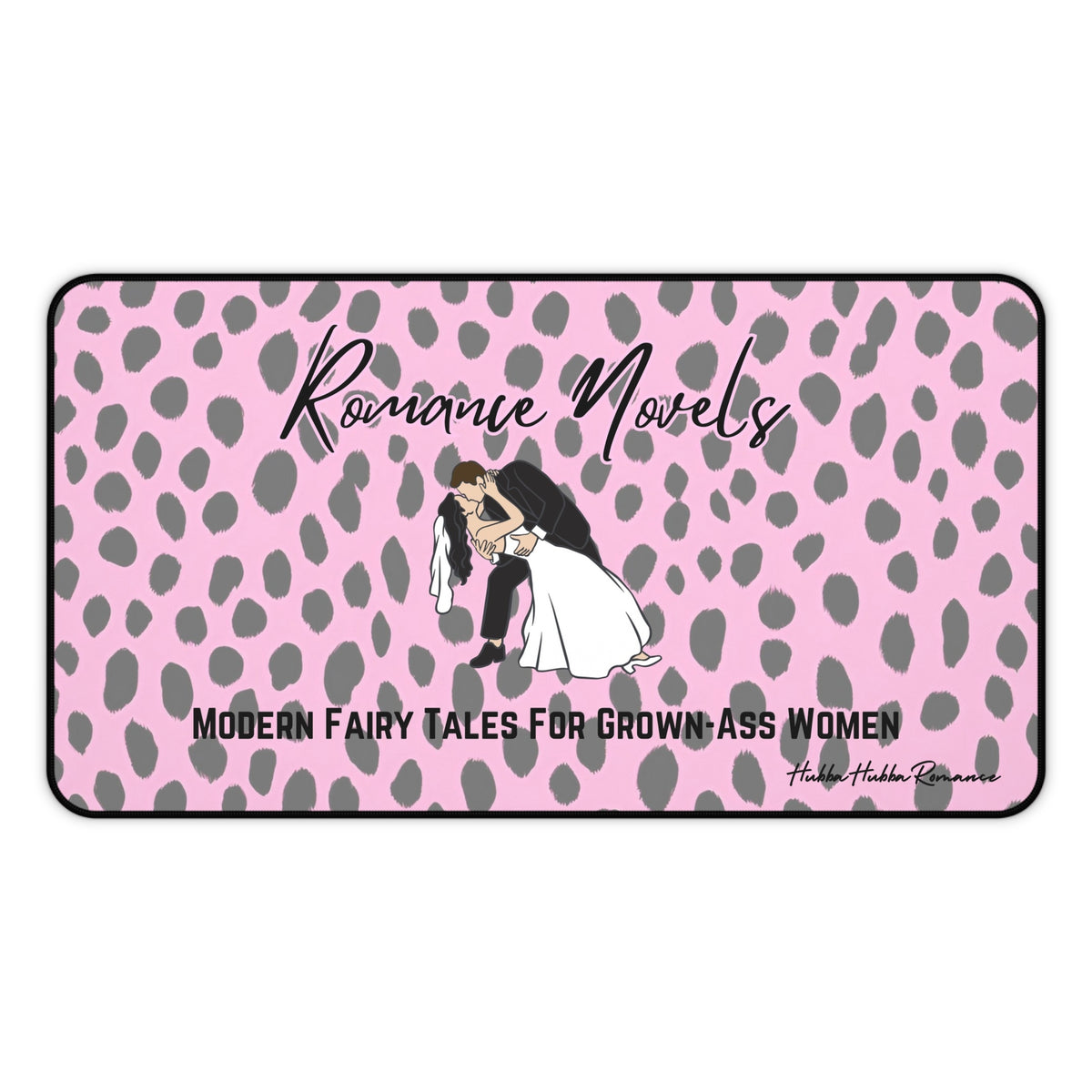 A pink and gray leopard print background features a cartoon bride and groom in a dramatic dip-and-kiss pose. Above them, black script reads “Romance Novels.” Below, bold black all-caps text says “Modern Fairy Tales for Grown-Ass Women.” This is the medium size.