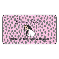 A pink and gray leopard print background features a cartoon bride and groom in a dramatic dip-and-kiss pose. Above them, black script reads “Romance Novels.” Below, bold black all-caps text says “Modern Fairy Tales for Grown-Ass Women.” This is the medium size.