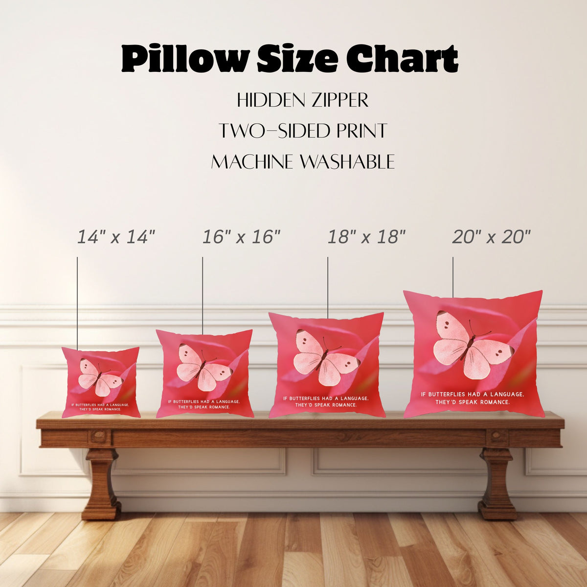 The image shows a "Pillow Size Chart" featuring four square pillows with this image displayed on a wooden bench against a white paneled wall. Pillow sizes range from 14" x 14" to 20" x 20". Also mentioned are a hidden zipper, two-sided print, and machine-washable.