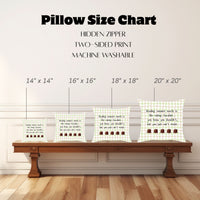 The image shows a "Pillow Size Chart" featuring four square pillows with this image displayed on a wooden bench against a white paneled wall. Pillow sizes range from 14" x 14" to 20" x 20". Also mentioned are a hidden zipper, two-sided print, and machine washable.