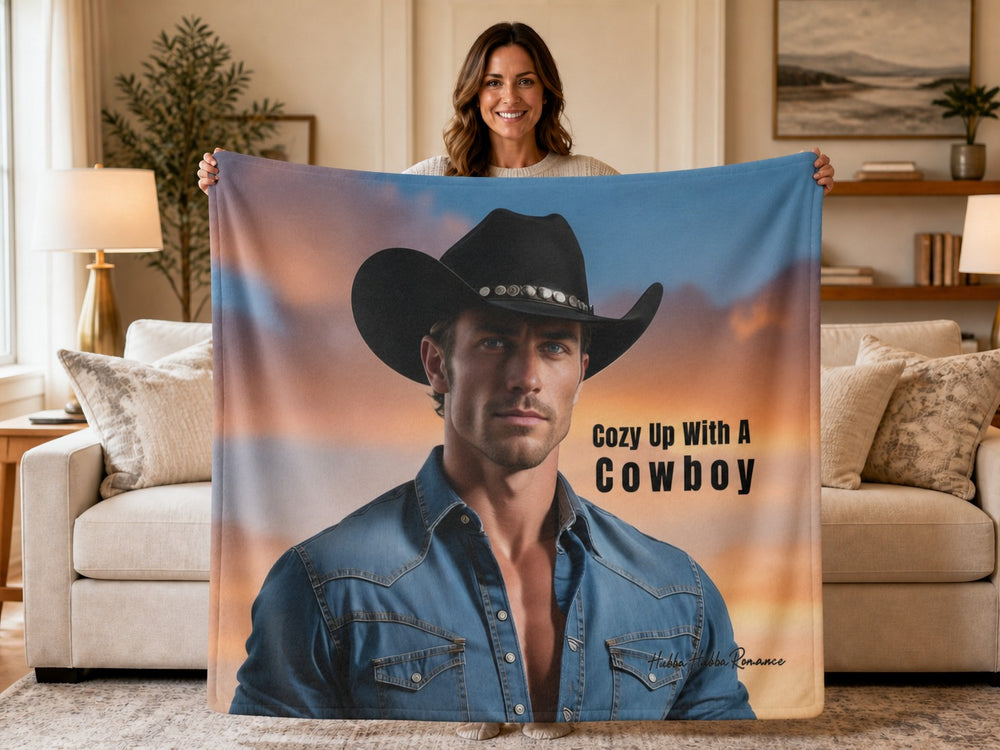 Woman standing in a cozy living room holding a western romance sweatshirt blanket featuring a rugged cowboy in a black hat against a warm sunset background. Cozy Up With a Cowboy blanket for western romance readers by Hubba Hubba Romance.