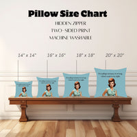 The image shows a "Pillow Size Chart" featuring four square pillows with this image displayed on a wooden bench against a white paneled wall. Pillow sizes range from 14" x 14" to 20" x 20". Also mentioned are a hidden zipper, two-sided print, and machine-washable.
