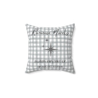 A 14-inch pillow featuring a gray and white gingham background with elegant script text that reads: "Romance Novels." Below, in a playful handwritten-style font, the phrase "modern fairy tales for grown ass women" is written. To the left of the text, there are three gray starbursts, adding a touch of vintage charm. The overall design is minimalist yet bold, appealing to romance readers who embrace their love for modern-day fairy tales.