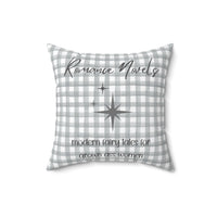 A 16-inch pillow featuring a gray and white gingham background with elegant script text that reads: "Romance Novels." Below, in a playful handwritten-style font, the phrase "modern fairy tales for grown ass women" is written. To the left of the text, there are three gray starbursts, adding a touch of vintage charm. The overall design is minimalist yet bold, appealing to romance readers who embrace their love for modern-day fairy tales.