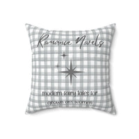 An 18-inch pillow featuring a gray and white gingham background with elegant script text that reads: "Romance Novels." Below, in a playful handwritten-style font, the phrase "modern fairy tales for grown ass women" is written. To the left of the text, there are three gray starbursts, adding a touch of vintage charm. The overall design is minimalist yet bold, appealing to romance readers who embrace their love for modern-day fairy tales.