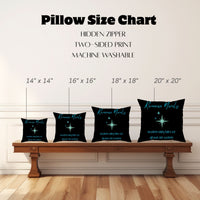 The image shows a "Pillow Size Chart" featuring four square pillows with this image displayed on a wooden bench against a white paneled wall. Pillow sizes range from 14" x 14" to 20" x 20". Also mentioned are a hidden zipper, two-sided print, and machine-washable.