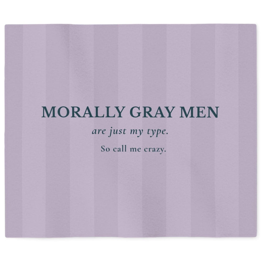A rectangular lavender-purple area rug with a subtle vertical stripe pattern, featuring the text 'MORALLY GRAY MEN are just my type. So call me crazy.