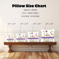 The image shows a "Pillow Size Chart" featuring four square pillows with this image displayed on a wooden bench against a white paneled wall. Pillow sizes range from 14" x 14" to 20" x 20". Also mentioned are a hidden zipper, two-sided print, and machine-washable.