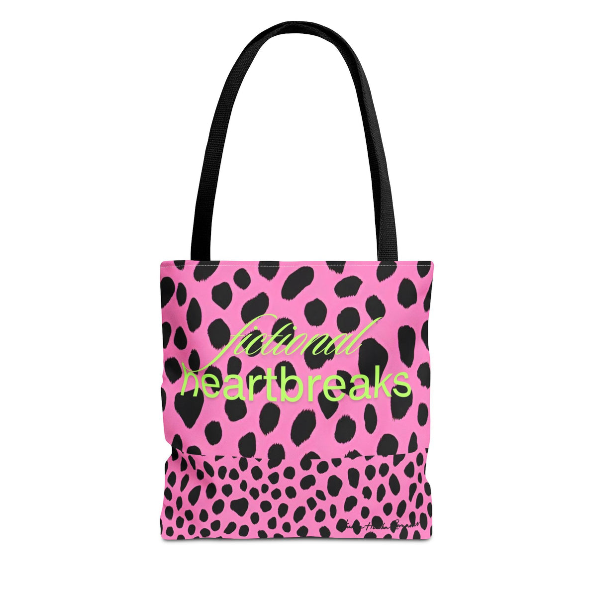 Image shows a pink background with bold, irregular black leopard spots. On one half of the image, the words “fictional heartbreaks” are written in light green cursive and block letters. Flipped upside down on the other half is the word “HEA” in matching green, also in mirrored script and block lettering. The design is playful and reversible, representing the highs and lows of romance reading. This double-sided tote is perfect for book lovers navigating love, loss, and happy endings.
