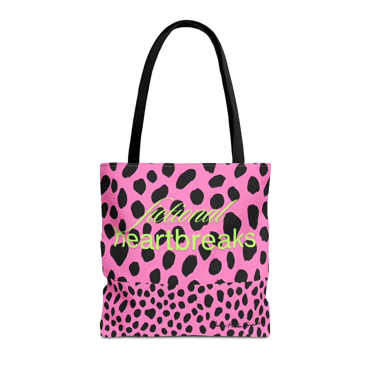 Image shows a pink background with bold, irregular black leopard spots. On one half of the image, the words “fictional heartbreaks” are written in light green cursive and block letters. Flipped upside down on the other half is the word “HEA” in matching green, also in mirrored script and block lettering. The design is playful and reversible, representing the highs and lows of romance reading. This double-sided tote is perfect for book lovers navigating love, loss, and happy endings.