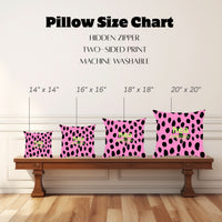 The image shows a "Pillow Size Chart" featuring four square pillows with this image displayed on a wooden bench against a white paneled wall. Pillow sizes range from 14" x 14" to 20" x 20". Also mentioned are a hidden zipper, two-sided print, and machine-washable.
