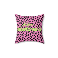 A 14-inch square pillow with a bold pink and black leopard print background. Across the center, the words “fictional heartbreaks” are written in stylish cursive and block lettering in neon lime- green. The vibrant design is playful and edgy, appealing to romance readers who love dramatic love stories. The back side of the pillow says "HEA”. The contrast of heartbreak and happy endings adds a witty, bookish touch.