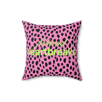 A 16-inch square pillow with a bold pink and black leopard print background. Across the center, the words “fictional heartbreaks” are written in stylish cursive and block lettering in neon lime- green. The vibrant design is playful and edgy, appealing to romance readers who love dramatic love stories. The back side of the pillow says "HEA”. The contrast of heartbreak and happy endings adds a witty, bookish touch.