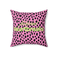 An 18-inch square pillow with a bold pink and black leopard print background. Across the center, the words “fictional heartbreaks” are written in stylish cursive and block lettering in neon lime- green. The vibrant design is playful and edgy, appealing to romance readers who love dramatic love stories. The back side of the pillow says "HEA”. The contrast of heartbreak and happy endings adds a witty, bookish touch.