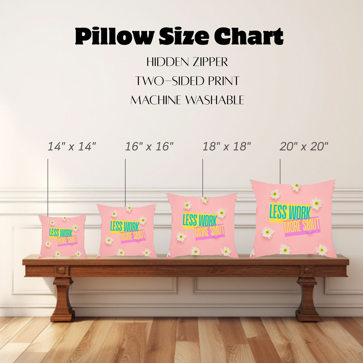 The image shows a "Pillow Size Chart" featuring four square pillows with this image displayed on a wooden bench against a white paneled wall. Pillow sizes range from 14" x 14" to 20" x 20". Also mentioned are a hidden zipper, two-sided print, and machine-washable.