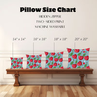 The image shows a "Pillow Size Chart" featuring four square pillows with this image displayed on a wooden bench against a white paneled wall. Pillow sizes range from 14" x 14" to 20" x 20". Also mentioned are a hidden zipper, two-sided print, and machine-washable.